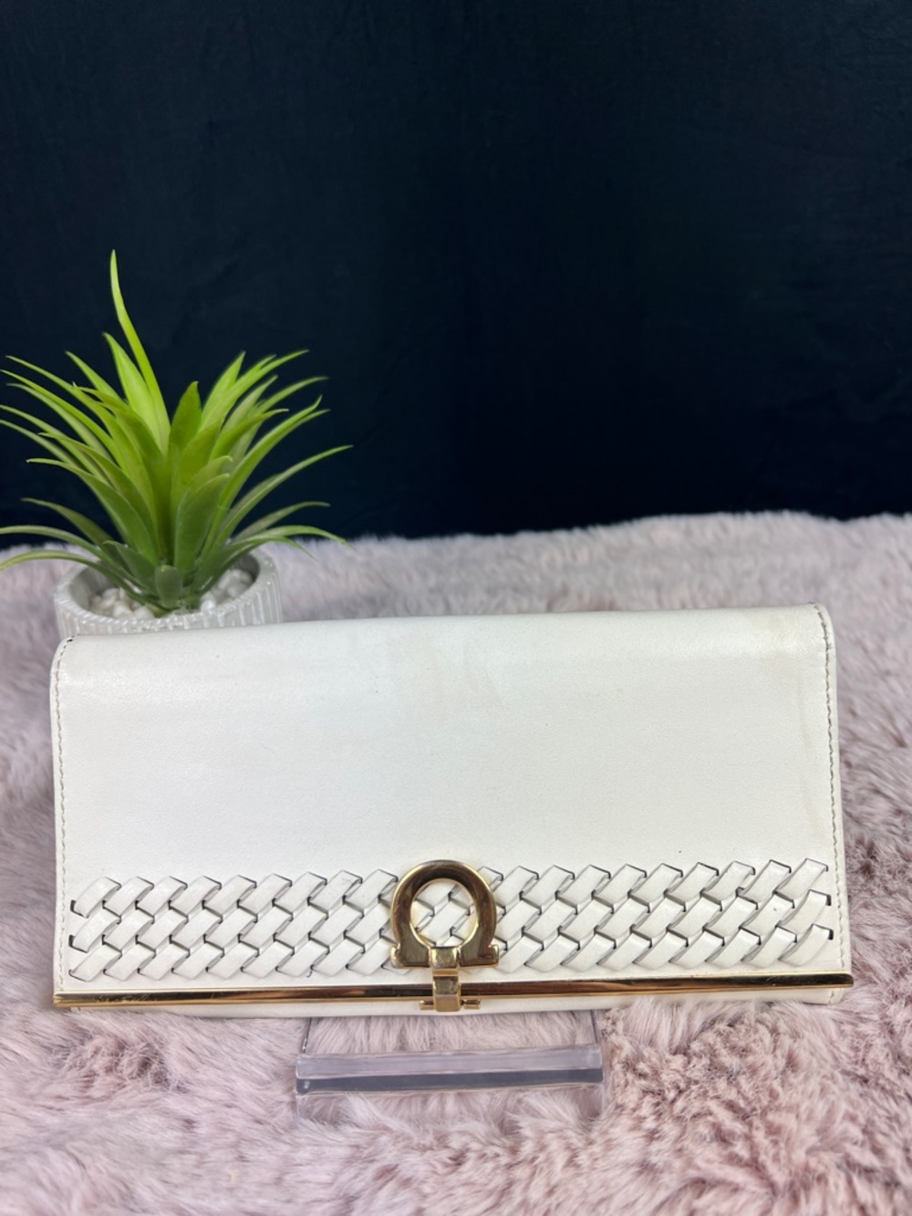 Salvatore Ferragamo Gancini Cream Woven Calfskin Leather Wallet 22C496